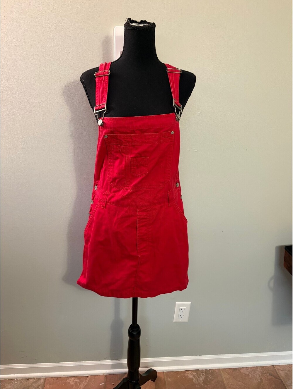 Vintage No Boundaries Juniors Red Cotton Overall Dress Size Large 13